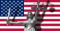 Cover about Law. Statue of god of justice Themis with Flag of USA background. Original Statue of Justice. Femida, with scale, symb Royalty Free Stock Photo