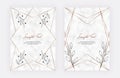 Cover marble cards with golden geometric polygonal lines frames and black leaves. Decorative lines borders. Template for wedding i