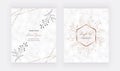 Cover marble cards with golden geometric polygonal lines frames and black leaves. Decorative lines borders. Template for wedding i