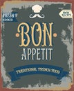 Cover for the menu,a road sign of a French cafe in vintage style with the inscription bon appetit