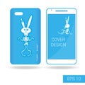 Cover mobile smartphone dancing funny rabbit skeleton in cartoon style on white background. Vector illustration Royalty Free Stock Photo