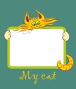 Cover for notebook. Frame. My cat. Inscription. Cheerful red cartoon cat. Vector