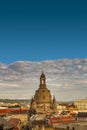 Cover page with bird view of the church of our Lady Frauenkirche at Neumarkt square in historical downtown of Dresden in summer Royalty Free Stock Photo