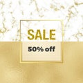 Cover placard sale white, golden marble or stone texture and gold foil background with gold glitter sale. Templates for your desig