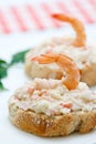 Cover shrimp with crab and mayonnaise tapa Royalty Free Stock Photo