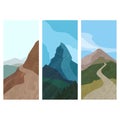 Cover template vertical banner with mountain in flat style. Set of three landscape silhouette flyers. Vector