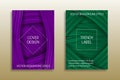 Cover templates with volumetric strokes. Trendy brochures backgrounds in purple and green shades