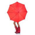 Cover, weather and woman holding a red umbrella, wearing gumboots and girl isolated against a white studio background Royalty Free Stock Photo