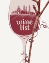 Wine list with wine glass, grapevine and landscape