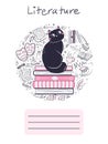 Cover for a workbook for a school subject of literature with cute cat