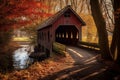 Covered Bridge in an Autumn Forest, Generative AI Royalty Free Stock Photo