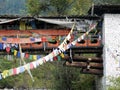 Covered bridge and prayer flags Royalty Free Stock Photo