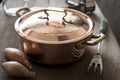 Covered Copper Cooking Pot Between Onions and Carving Fork