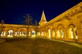 The covered corridors of the defensive bastion courtyard of Fisherman`s Bastion at night, Budapest, Hungary