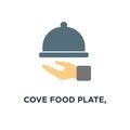 covered food plate, food restaurant serving tray icon. dinner dish cover, waiter catering concept symbol design, vector