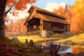 Painting Of Covered Bridge in an Autumn Forest, Generative AI Royalty Free Stock Photo