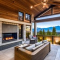 16 A covered patio with a fireplace, comfortable seating, and a view of the mountains3, Generative AI