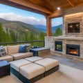 16 A covered patio with a fireplace, comfortable seating, and a view of the mountains4, Generative AI