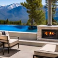 16 A covered patio with a fireplace, comfortable seating, and a view of the mountains1, Generative AI