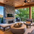 16 A covered patio with a fireplace, comfortable seating, and a view of the mountains5, Generative AI