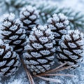 Covered pine cones genus Pinus are arranged on a surface dusted with ice Royalty Free Stock Photo
