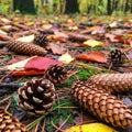Covered with pinecones fallen leaves and pine needles during Royalty Free Stock Photo