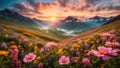 Covered in pink and blue small wildflowers beautiful Mountain valley