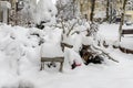 Covered by snow animals maded from branches and pieces of wood