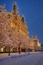 Covered Snow Trees Along GUM Building in Morning Twilight Royalty Free Stock Photo