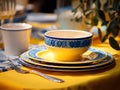 covered table for elegant lunch with plates and ceramic bowl in rooster and blue colour