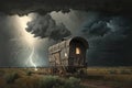 covered wagon in the midst of a prairie storm, with lightning and thunder