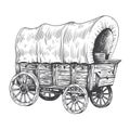 Covered wagon sketch. Old trip carriage, vintage horse vehicles drawing, wooden farming tent cart traditional western Royalty Free Stock Photo