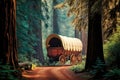 covered wagon surrounded by towering redwood trees in peaceful forest