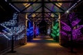 Covered walkway adorned with colorful Holiday Christmas Trees, centered for text copy Royalty Free Stock Photo