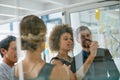 Covering all the bases. coworkers using sticky notes against the wall during a brainstorming session. Royalty Free Stock Photo