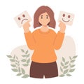 Covering emotions, searching identity. Cute woman trying on masks with happy or sad expressions. Vector illustration in Royalty Free Stock Photo