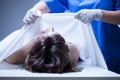 Covering female body in mortuary
