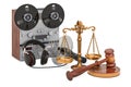 Covert listening device with wooden gavel and scales of justice. 3D rendering