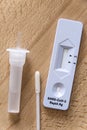 COVID-19 Antigen Test Self-Test Kit, sale in Drugstore. test device sterile swab, extraction buffer tube. Closeup view