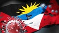 Covid in Antigua and Barbuda - coronavirus attacking a national flag of Antigua and Barbuda as a symbol of a fight and struggle Royalty Free Stock Photo