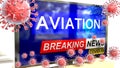 Covid, aviation and a tv set showing breaking news - pictured as a tv set with corona aviation news and deadly viruses around