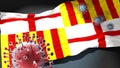 Covid in Barcelona - coronavirus attacking a city flag of Barcelona as a symbol of a fight and struggle with the virus pandemic in