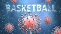 Covid and basketball, pictured as red viruses attacking word basketball to symbolize turmoil, global world problems and the