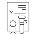 Covid blood test thin line icon. Test tube and medicine report symbol, outline style pictogram on white background