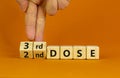 Covid-19 booster dose vaccine shot symbol. Doctor turns cubes and changes words `2nd dose` to `3rd dose`. Beautiful orange Royalty Free Stock Photo