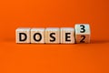 Covid-19 booster dose vaccine shot symbol. Turned a wooden cube and changed words dose 2 to dose 3. Beautiful orange table, orange