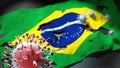Covid in Brazil - coronavirus attacking a national flag of Brazil as a symbol of a fight and struggle with the virus pandemic in