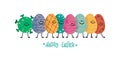 Covid character and a bunch of colorful laughable easter eggs. Lettering Happy easter. Concept vector illustration for Royalty Free Stock Photo