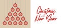 Covid Christmas and new year greeting flat cartoon card. Creative coronavirus Xmas tree made red bauble balls for Christmas and