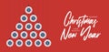 Covid Christmas and new year greeting flat cartoon card. Creative coronavirus Xmas tree made white bauble balls for Christmas and